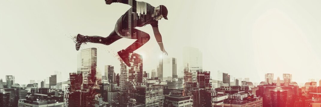 A silhouette of a parkour athlete leaping over a cityscape, symbolizing determination, ambition, agility, courage, and urban exploration.