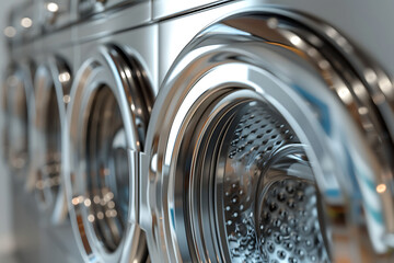 Row of modern washing machines in dry-cleaning, closeup