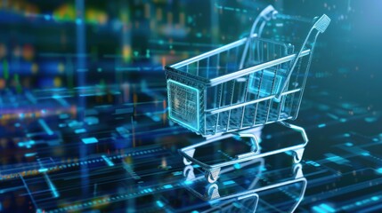 Futuristic glowing shopping cart on digital background showcasing modern online shopping concept, technology and e commerce, retail concept
