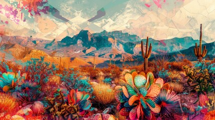 A mesmerizing desert landscape with colorful cacti in the foreground, mountains in the background, and a sky painted with hues of orange, pink, and purple. This image evokes a sense of adventure