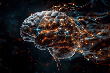 Fototapeta premium A digital rendering of a human brain highlighted with neural activity, demonstrating the intricate network of neurons and synapses, depicted with vibrant light trails and circuits.