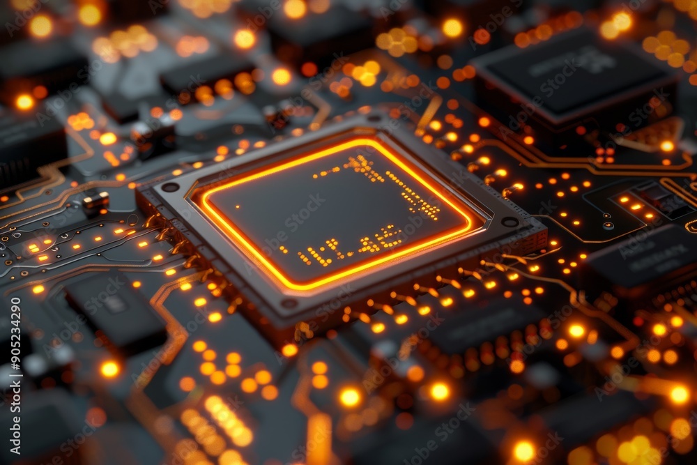 Aufkleber high-tech microchip glowing amidst orange lights, symbolizing the power and complexity of modern ele