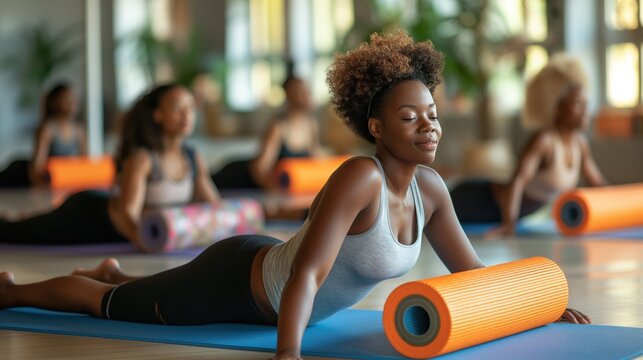 Woman Doing Yoga With Foam Roller