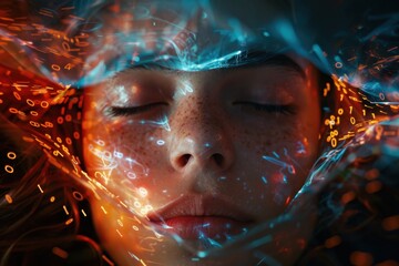 A mesmerizing depiction of a glowing abstract matrix, featuring swirling binary codes and dynamic lighting effects, representing the fusion of technology and art.