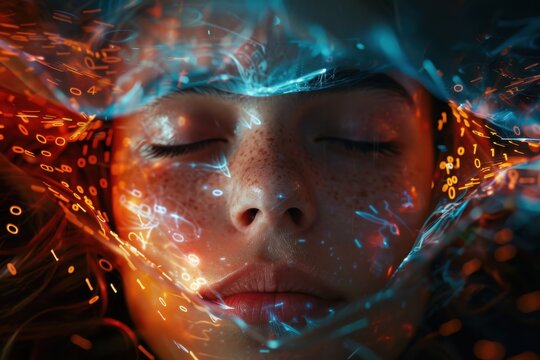 A mesmerizing depiction of a glowing abstract matrix, featuring swirling binary codes and dynamic lighting effects, representing the fusion of technology and art.