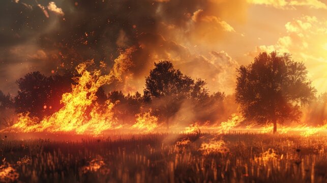 Weeds and trees burning in a controlled burn on a farm - Powered by Adobe
