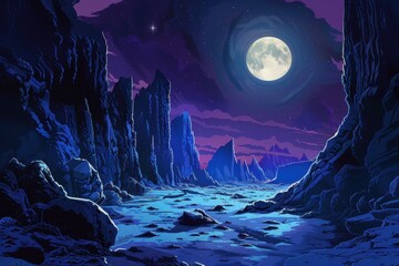 Mystical landscape with giant rocks and blue moon