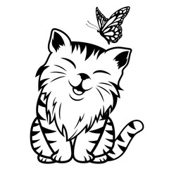 Maine Coon Cat | Happy Cat | Cat & Butterfly | Kitten | Large Domesticated Cat Breed | Furry Pet | Cat Breed | Cat | Original Illustration | Vector and Clipart | Cutfile and Stencil
