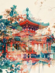 Fototapeta premium A watercolor painting of a Japanese pagoda with cherry blossoms blooming around it. The image symbolizes beauty, peace, tradition, nature, and serenity.