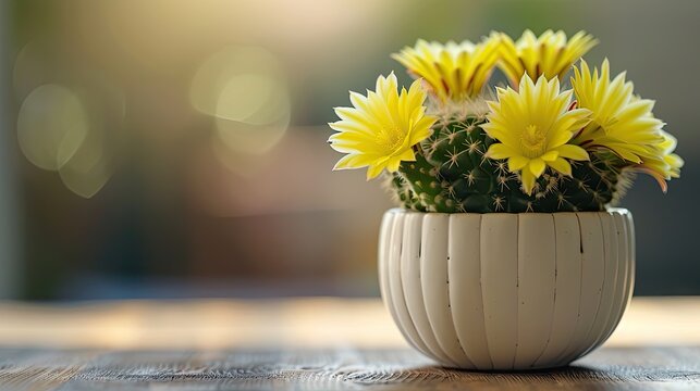 Close up of Parodia cactus Eriocactus with yellow flowers in natural light small succulent plant in a white potted for decorating in the room