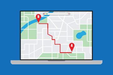 A laptop with an open map, a route, and location icons on the screen. Plan routes or navigate.