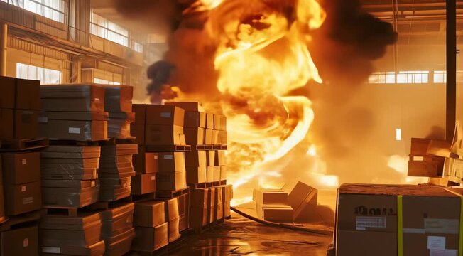 fire spreading in warehouse stacked with boxes
