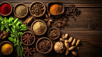 Fototapeta premium Aromatic spices and herbs ready to enhance your culinary creations