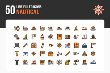 Set of 50 Nautical icons related to Raft, Cargo ship, Cruise ship, Container ship Line Filled Icon collection