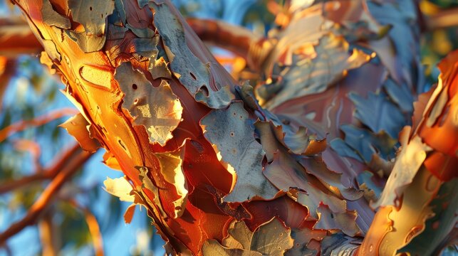 Acer griseum Paperbark maple tree or blood bark maple tree Oval to rounded crown columnar fissured trunk and shiny orange red smoth bark peeling in thin layers contrasting with blue green foliage