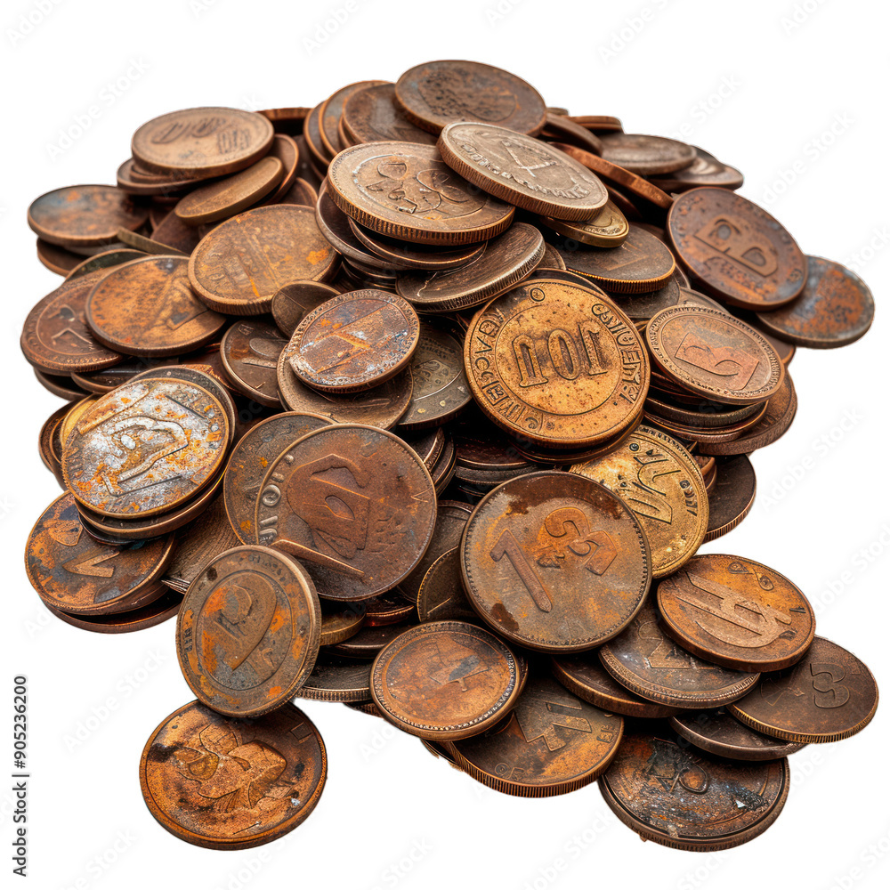 Poster pile of old rusty coins is lying on a white background showing the value of currency