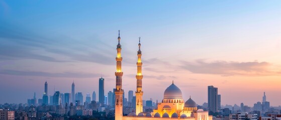 Obraz premium Vibrant neon cityscape at dusk, showcasing a stunning ancient mosque with detailed architecture, merging history with contemporary life