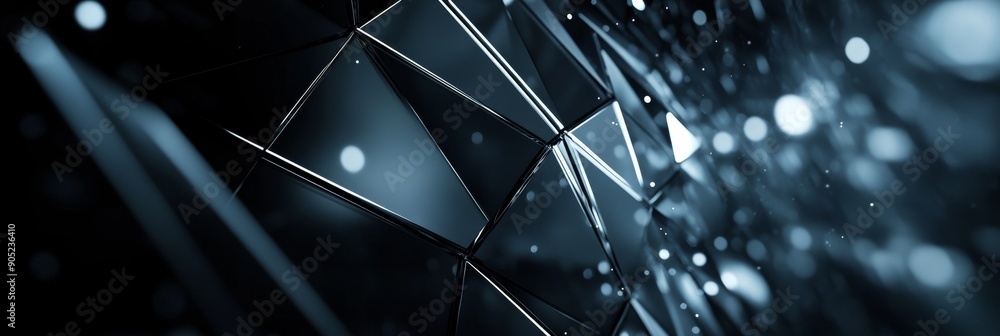 Poster a dark and sleek abstract background featuring a geometric pattern of metallic triangles with shimme