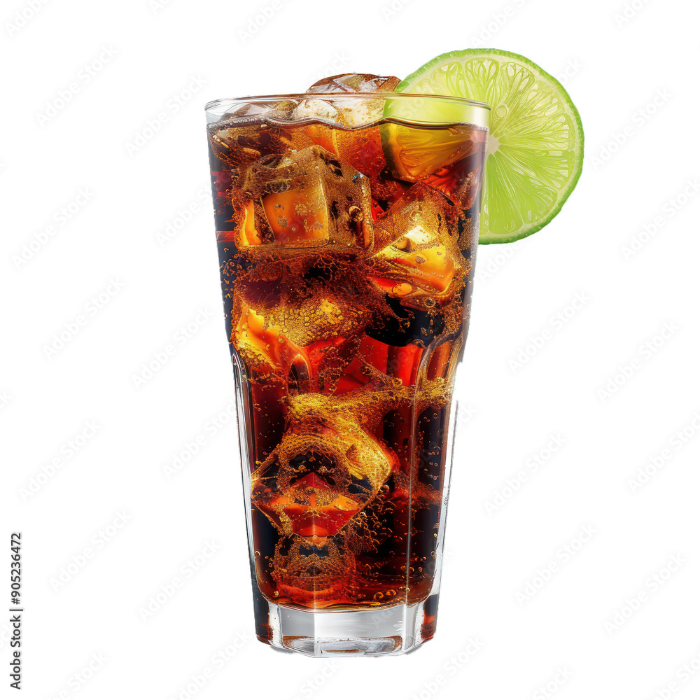 Poster tall glass of cola beverage with ice cubes and a fresh lime slice, creating a refreshing and thirst 