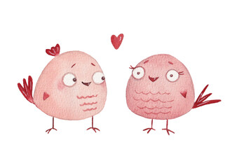 Two pink birds in love. Valentine card. Watercolour illustration