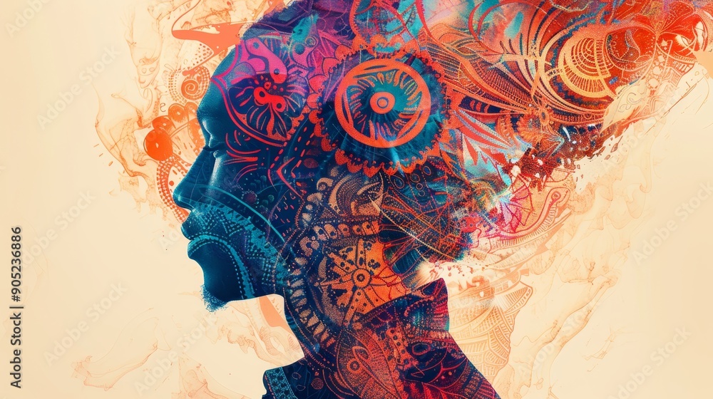Poster a colorful and abstract portrait of a person with patterns and shapes symbolizing creativity, indivi