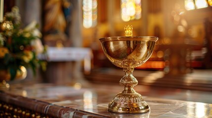 Gold and silver chalice containing holy water and chrism oil for baptism displayed on the altar
