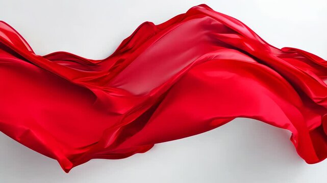 Elegant red silk fabric gracefully flowing in smooth waves on white