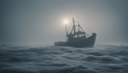 A fishing trawler caught in a freezing rainstorm at dawn, with icy waves crashing against its sides
