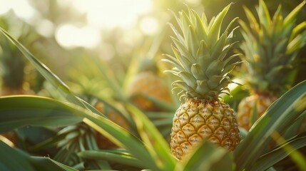 Obraz premium Fresh pineapple fruit growing in plantation field in farm