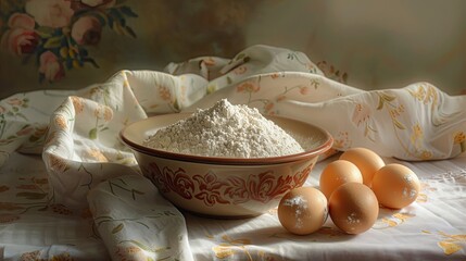 Bowl of flour and raw eggs on tablecloth