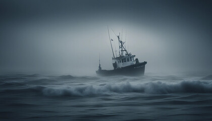 A lone fishing boat braving a foggy, freezing night at sea, surrounded by towering waves
