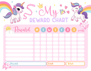 Unicorn reward chart for girls and boys. Cute baby unicorn. Table of behavior, chores and routine work of kids. Vector