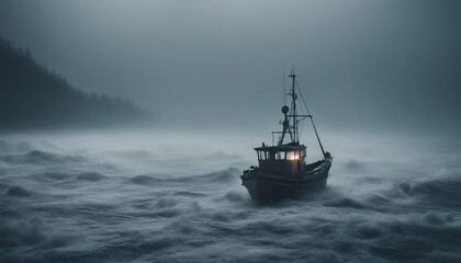 A lone fishing boat braving a foggy, freezing night at sea, surrounded by towering waves
