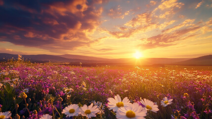 Fototapeta premium Golden Hour Bliss: Wildflowers Blooming at Sunset