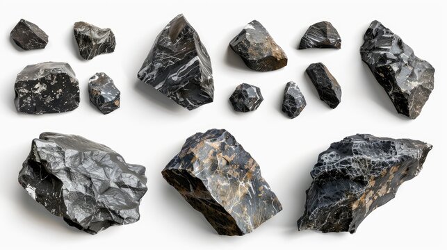 Set of tektite rocks isolated on white background