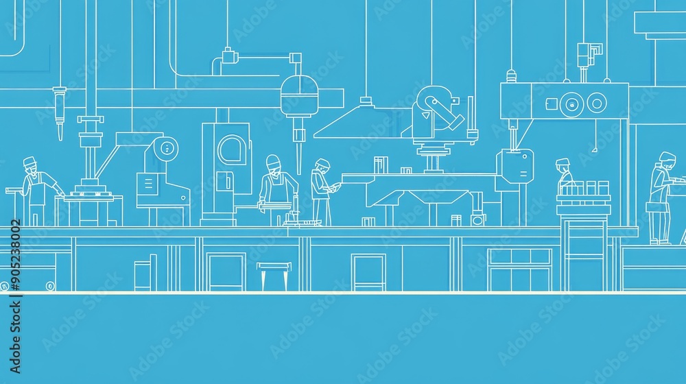 Poster this illustration depicts an automated manufacturing process, with workers operating machinery and r