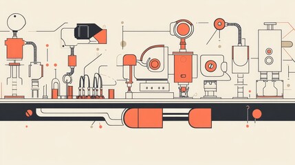 An abstract illustration of a futuristic production line featuring automated machines, intricate wiring, and flowing liquid, symbolizing innovation, automation, technology, efficiency, and progress.