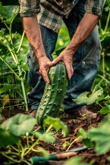 Obraz premium A man at a home garden, jokingly measuring a huge cucumber under his legs, with garden tools around