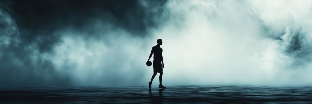 A silhouette of a basketball player walking across a misty landscape, symbolizing determination, focus, resilience, and the pursuit of dreams.
