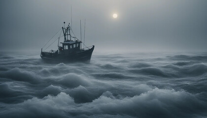 Obraz premium A lone fishing boat braving a foggy, freezing night at sea, surrounded by towering waves 
