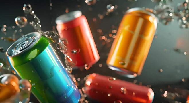 Colorful unlabeled canned drinks soda floating slow motion with wet water splashes. HD video footage, cold and fresh drink product background.