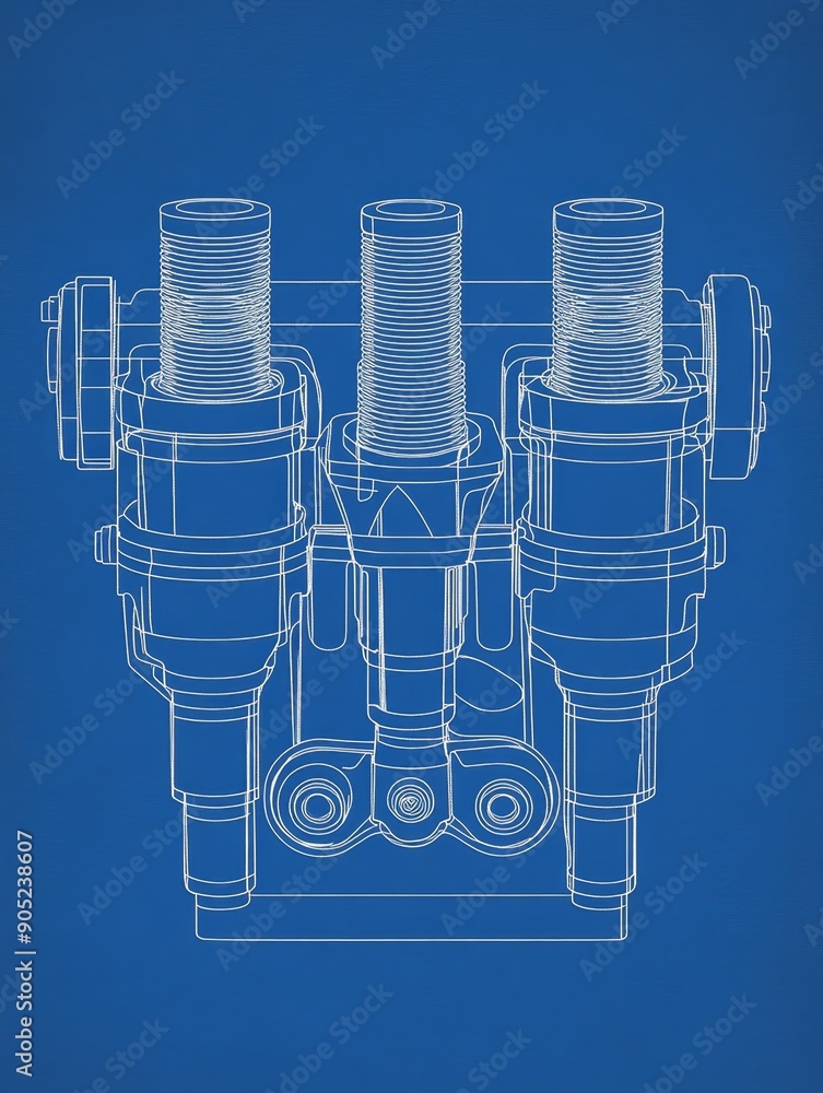 Poster a detailed blueprint of a complex mechanical system with three cylindrical components, intricate tub