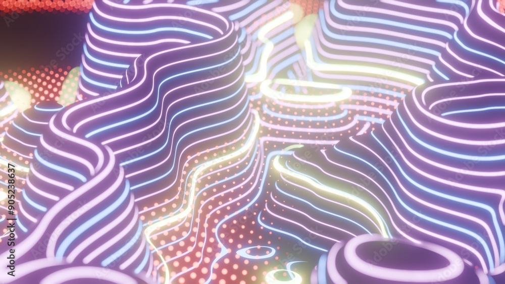 Poster colorful abstract topographic lines with glowing neon lights..