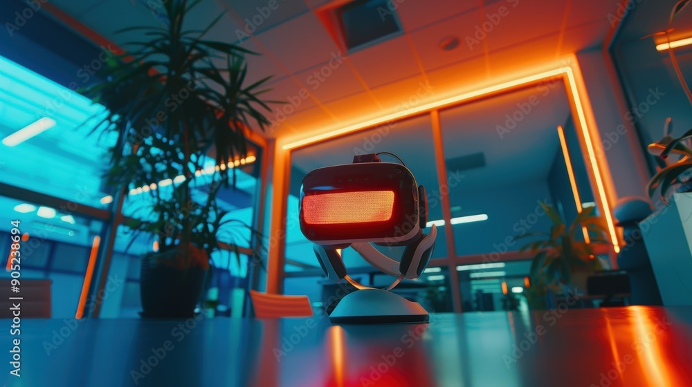Poster glowing red vr headset indicates it is activated and prepared to immerse the user in a virtual reali