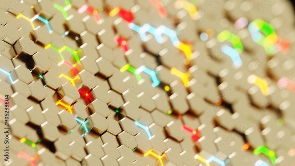 Poster Abstract Hexagonal Pattern with Vibrant Colors on a Beige Background..