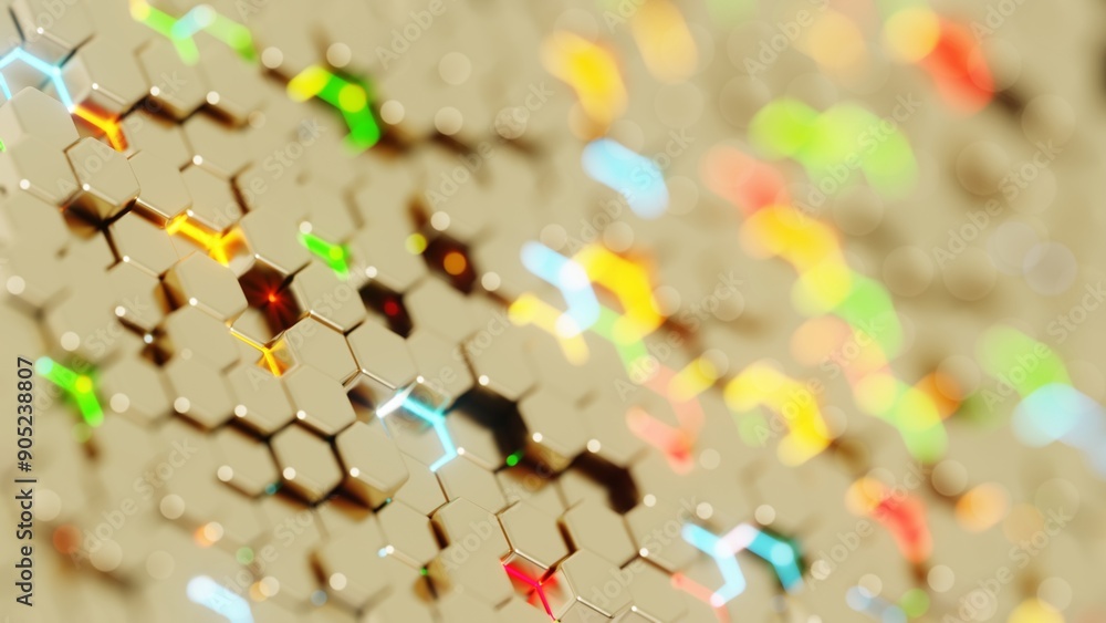 Poster Abstract Hexagonal Pattern with Vibrant Colors on a Beige Background..