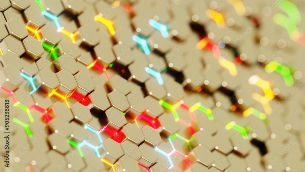 Poster Abstract Hexagonal Pattern with Vibrant Colors on a Beige Background..
