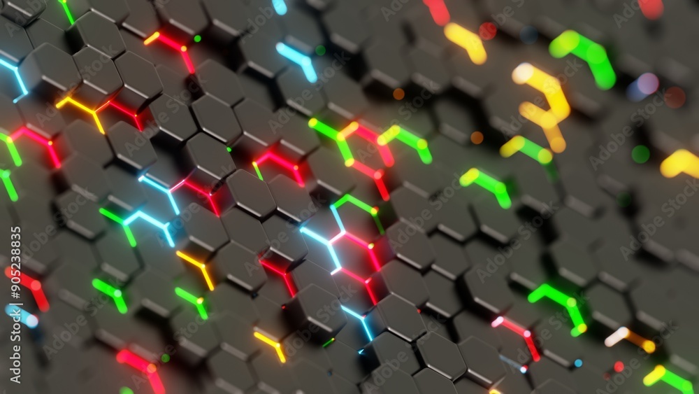 Poster Colorful Illuminated Hexagonal Pattern on a Dark Background..