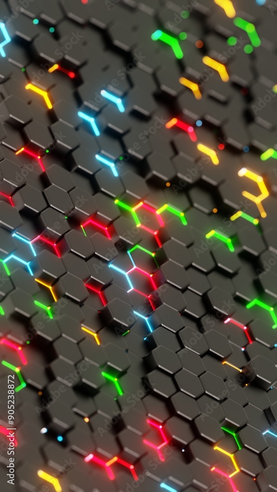 Poster Colorful Illuminated Hexagonal Pattern on a Dark Background..