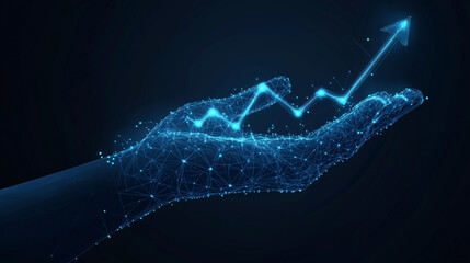 Abstract growth chart in a hand. Graph chart with up arrow in an arm palm. Finance and stock market concept on dark background. Low poly wireframe illustration in light blue hologram style.